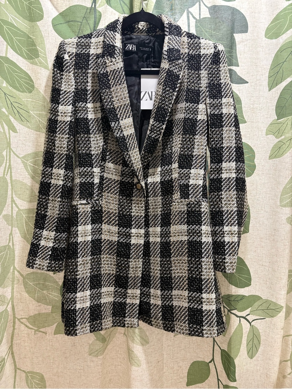 Zara Black and White Plaid Tweed Blazer